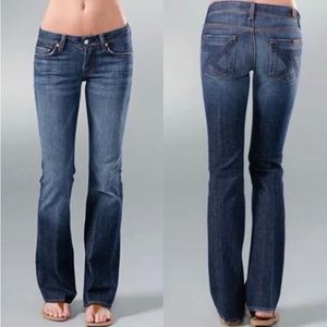 7 for all mankind flynt boot cut dark denim jeans with yellow embroidered pocket